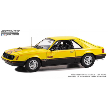 FORD MUSTANG COBRA COUPE 1979 YELLOW WITH BLACK AND RED COBRA STRIPES AND LOGO Miniatuur 